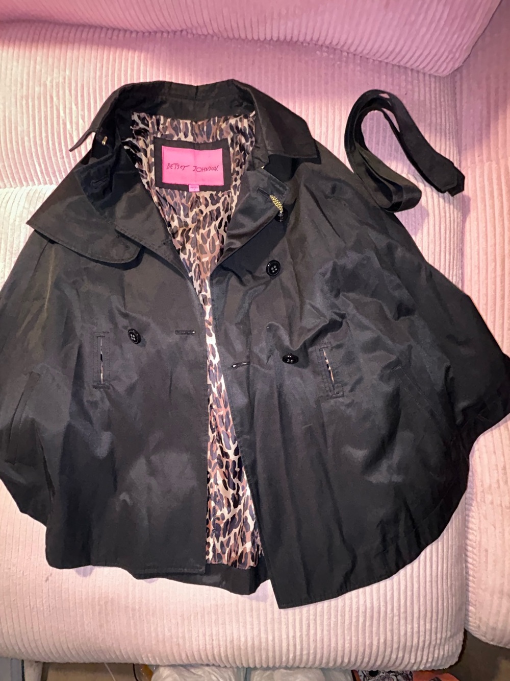 Betsey Johnson Black Cape Jacket Leopard Lined Belted Size L